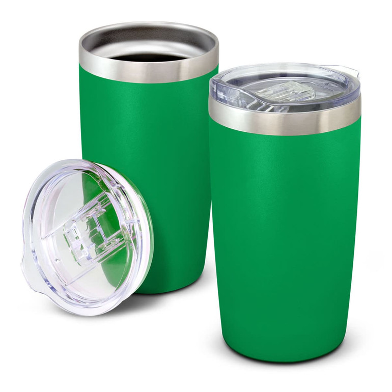 A drink bottle set featuring two green vacuum cups with stainless steel accents and clear lids.