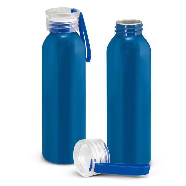 A drink bottle in vibrant blue with a clear screw-top lid and a blue carrying strap. Features a logo on the front.