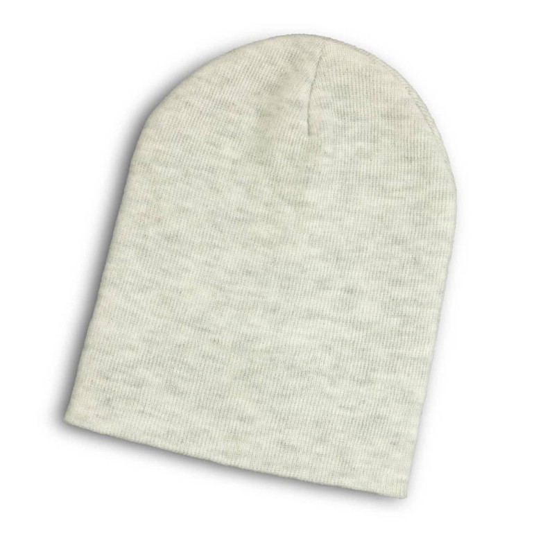 A light grey ribbed beanie with a slouchy design, featuring a branding logo.