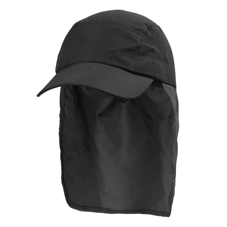 A dark green Legionnaire hat with a wide brim and a protective neck flap. It features a logo on the side.