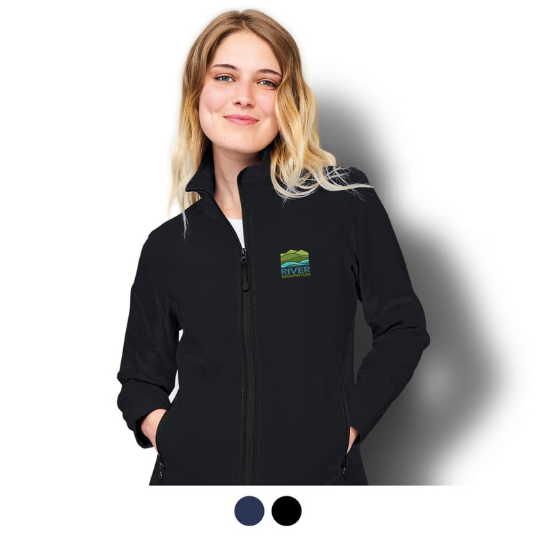 A black women's softshell jacket with a logo on the front, featuring zippered pockets and a fitted design.