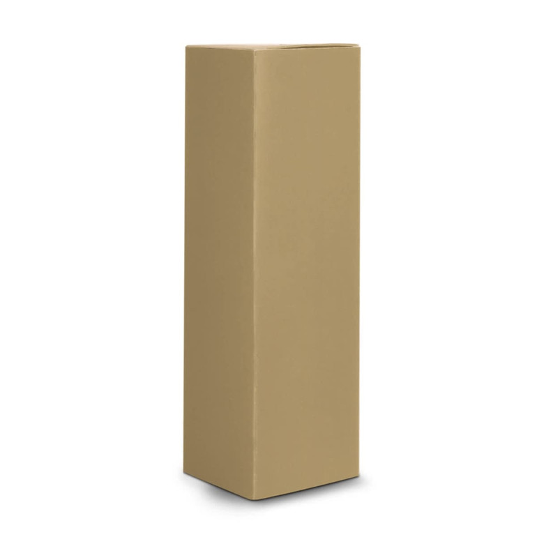 A tall, brown cylindrical product packaging with a plain design, featuring a logo.