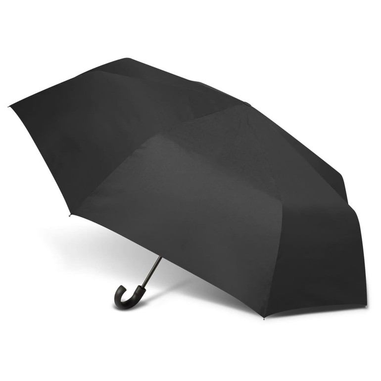 A black umbrella with a curved handle and a solid canopy, featuring a logo.