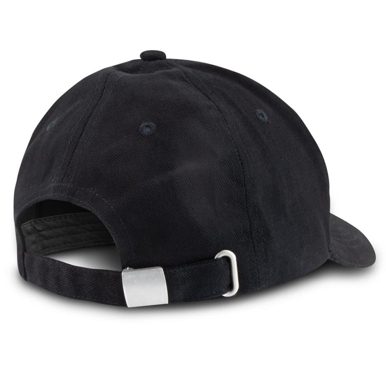 A drink bottle opener cap in black, featuring an adjustable strap and a branded logo on the back.