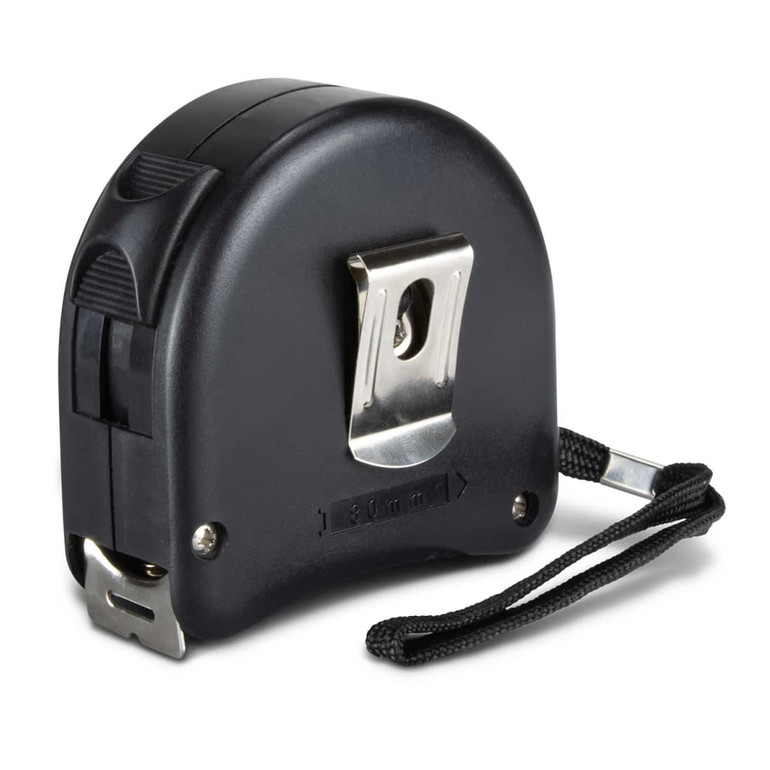 A black tape measure with a metal clip and a strap for easy carrying. It has a branded logo on its surface.