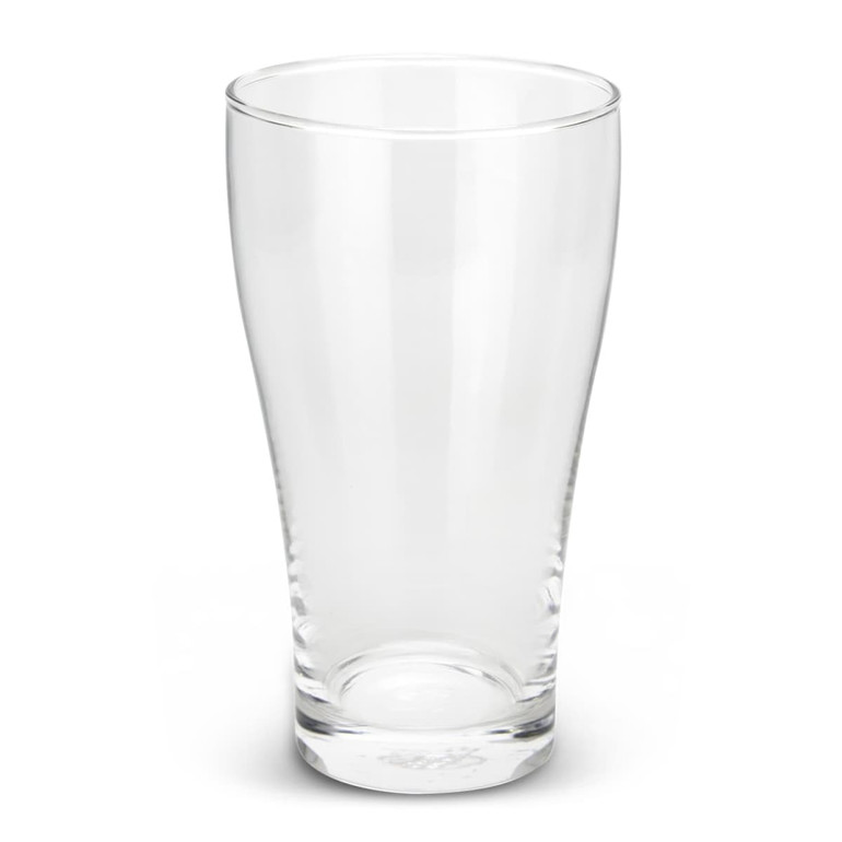 A clear glass beer glass with a tapered shape and a sturdy base, featuring a logo on the side.
