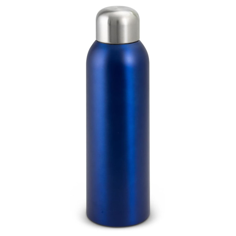A drink bottle in a sleek blue finish with a stainless steel cap and a smooth, metallic surface.