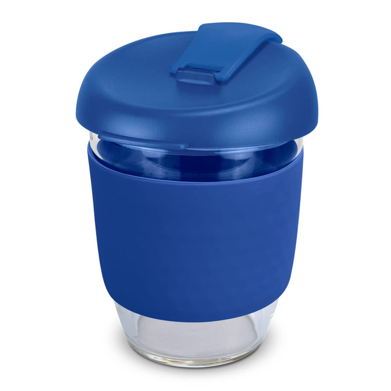 A drink bottle featuring a blue borosilicate glass body and a blue silicone sleeve, topped with a blue lid.