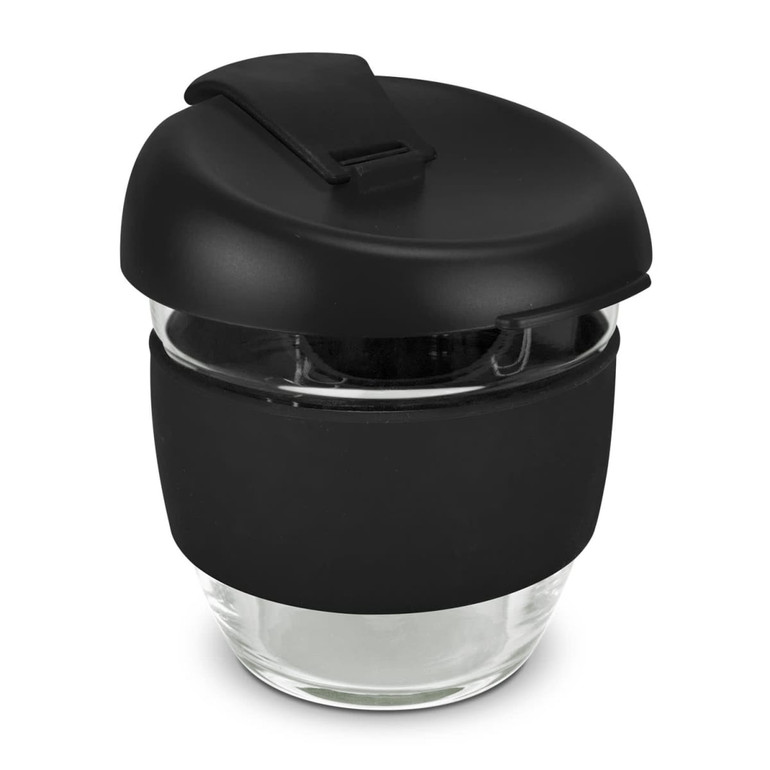 A drink bottle featuring a black silicone lid and sleeve, made of clear borosilicate glass, with a sleek design.