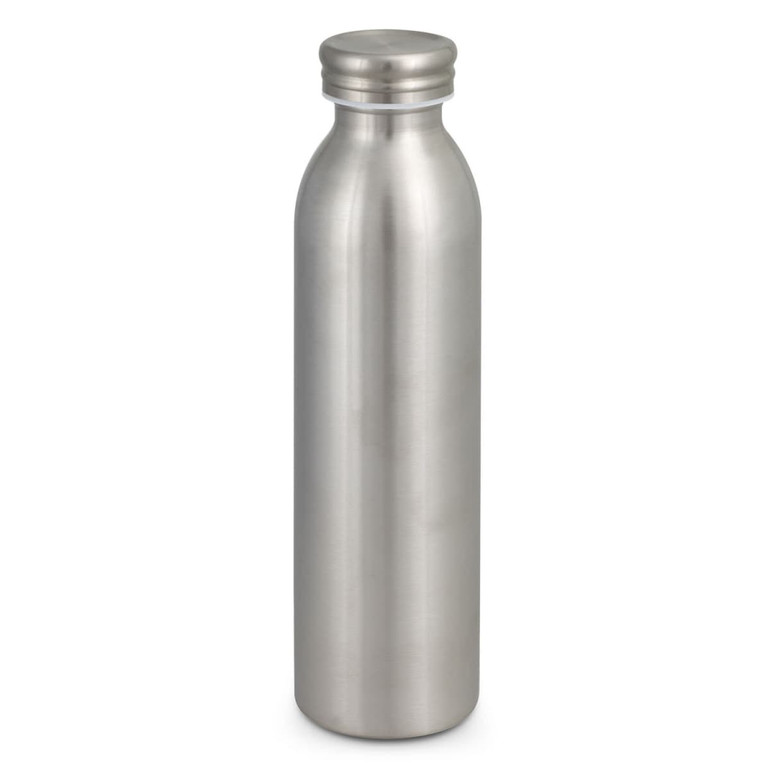 A drink bottle with a sleek stainless steel finish, featuring a simple design and a metallic cap.