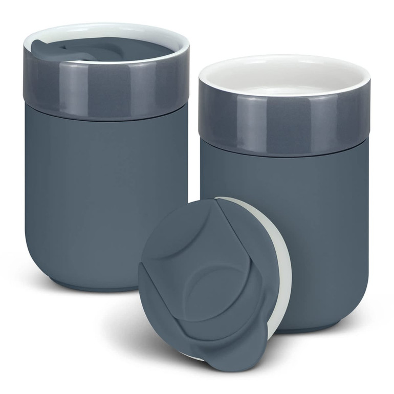 A ceramic coffee cup in teal with a grey lid, featuring a sleek, modern design and a branding logo.