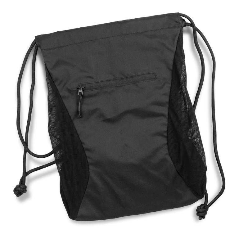 A black drawstring backpack featuring a zippered pocket and mesh side panels. It has a simple, sleek design.