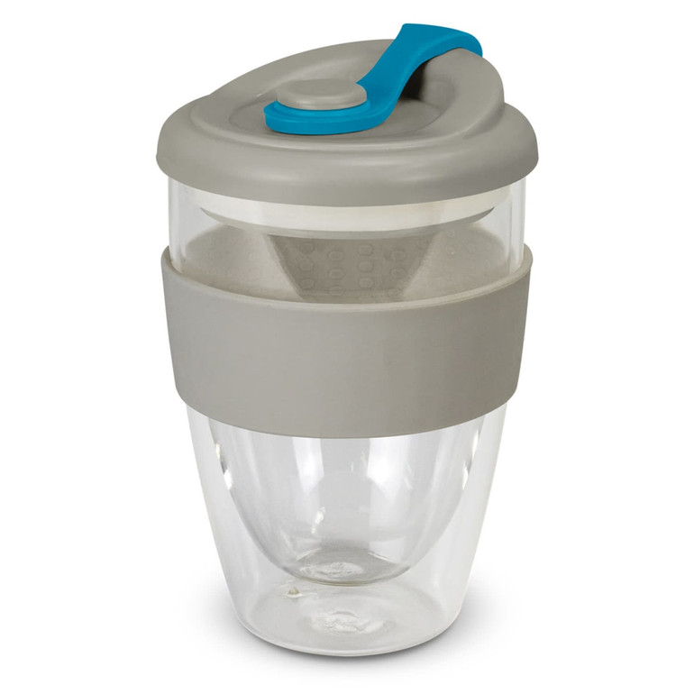 A drink bottle with a clear body, grey silicone band, and a light blue lid with a built-in strainer.
