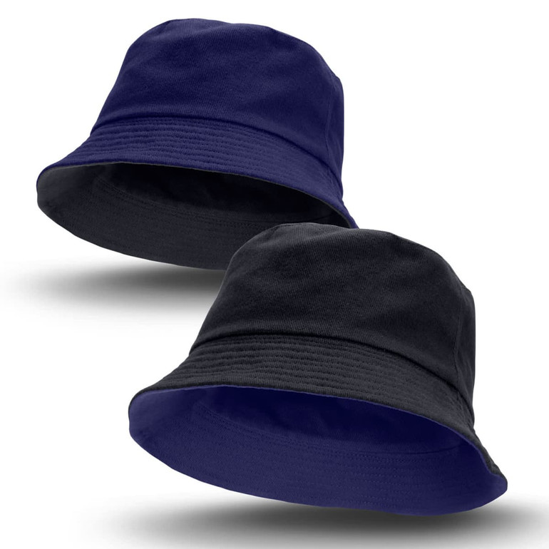A reversible bucket hat featuring navy blue and black sides, with a simple design and a logo present.