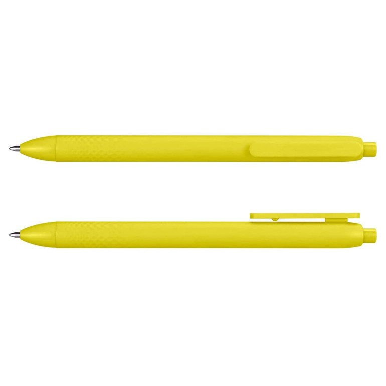 A yellow PLA pen featuring a textured grip and a clip. The design includes both front and back views.
