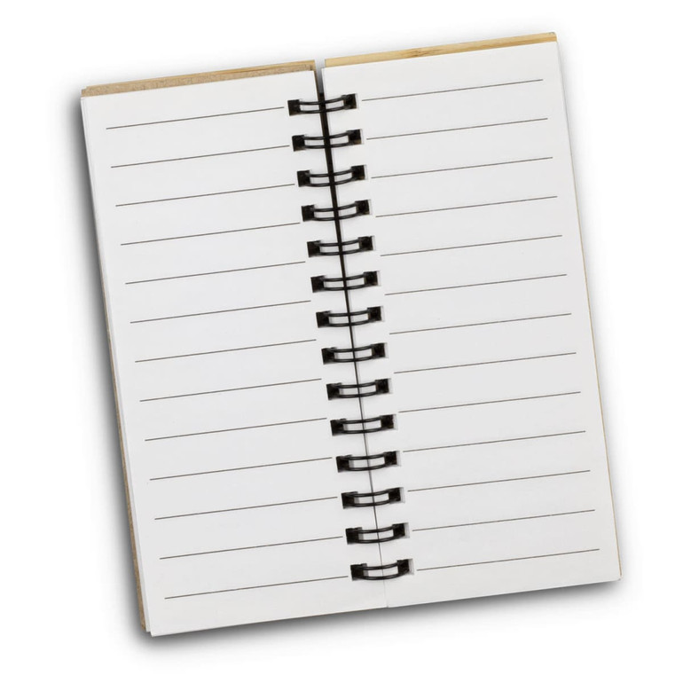 An open notebook with blank pages and a spiral binding, featuring a wooden cover.