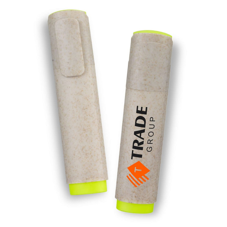 A set of two highlighters featuring a natural, textured body and bright yellow tips, each with a branding logo.