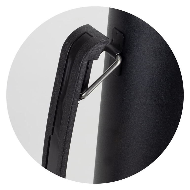 A drink bottle with a black textured surface and a metal clip attached to its side.