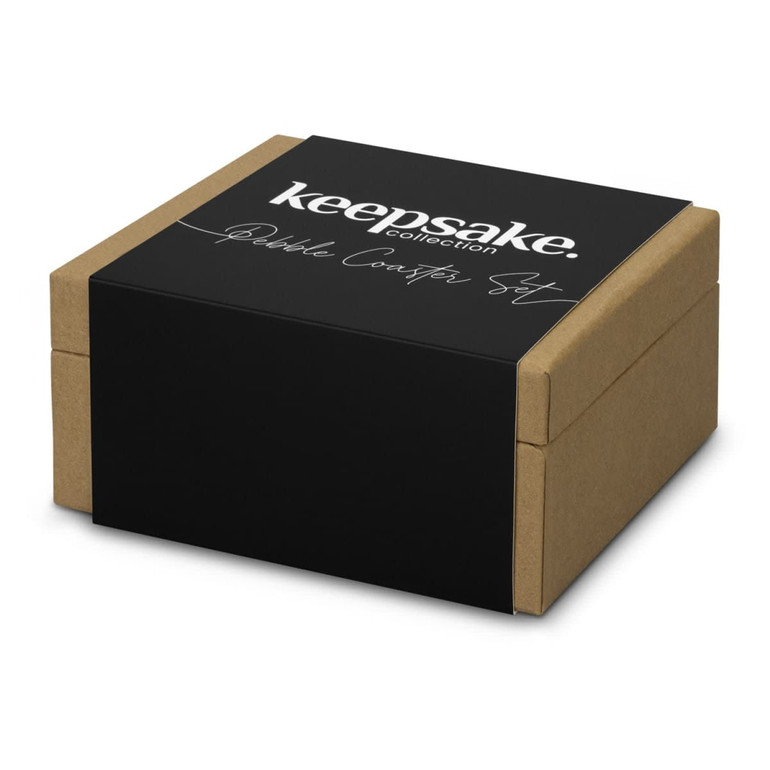 A packed box featuring a black and natural kraft design, containing Keepsake Pebble Coaster Set.