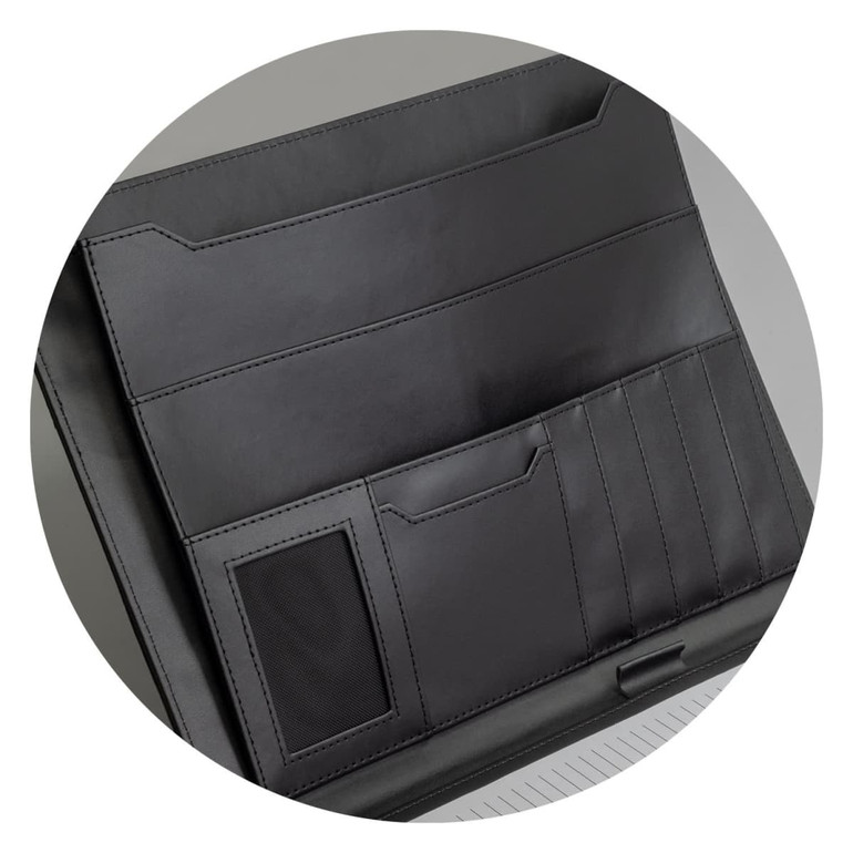 A black Melrose Portfolio with multiple pockets and a smooth finish, featuring a logo.