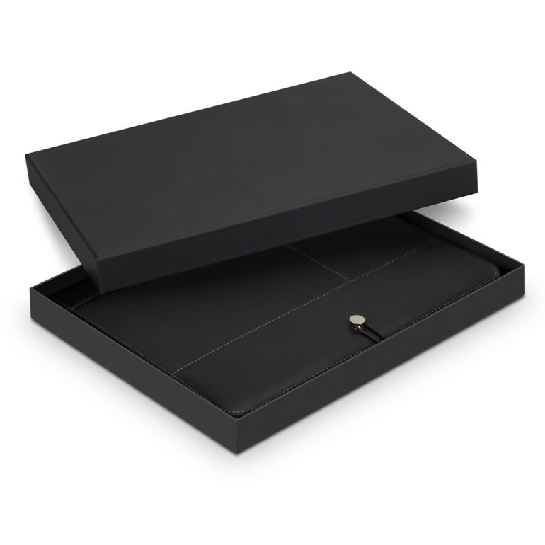 A black Melrose Portfolio presented in an open black box, featuring a sleek design and clasp closure.