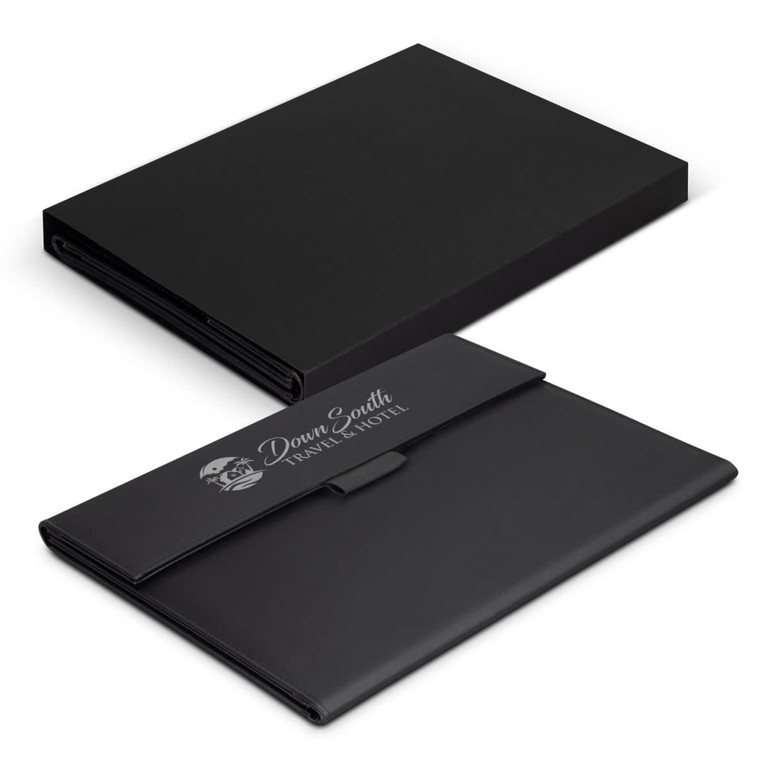 A black portfolio featuring a flap closure and an embossed logo, suitable for office and business use.