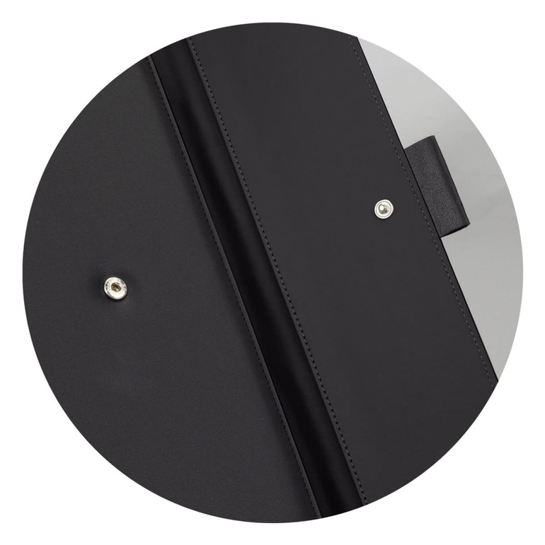 A black portfolio with a snap closure, featuring a smooth interior and a section for storing documents.