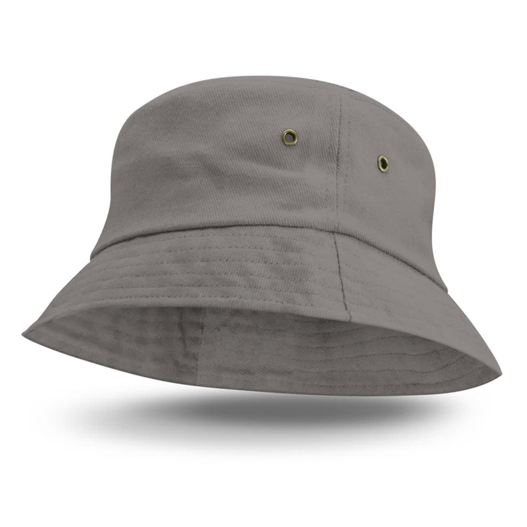 A gray Bondi Bucket Hat featuring a wide brim and ventilation eyelets on the sides.