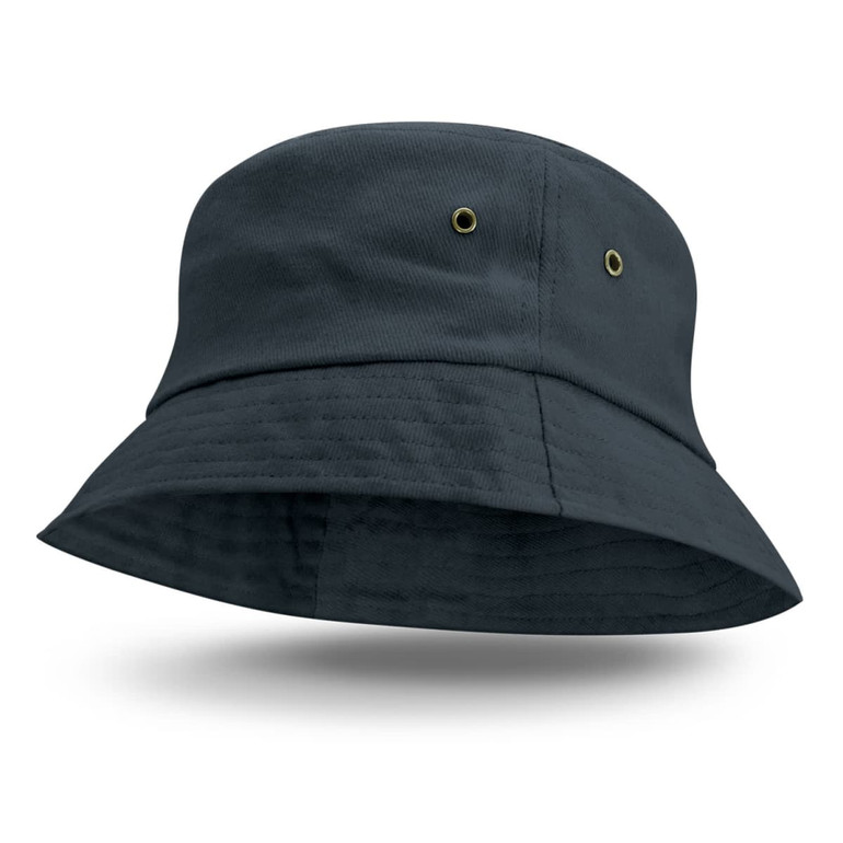 A dark grey bucket hat with a wide brim and two ventilation eyelets on the sides.