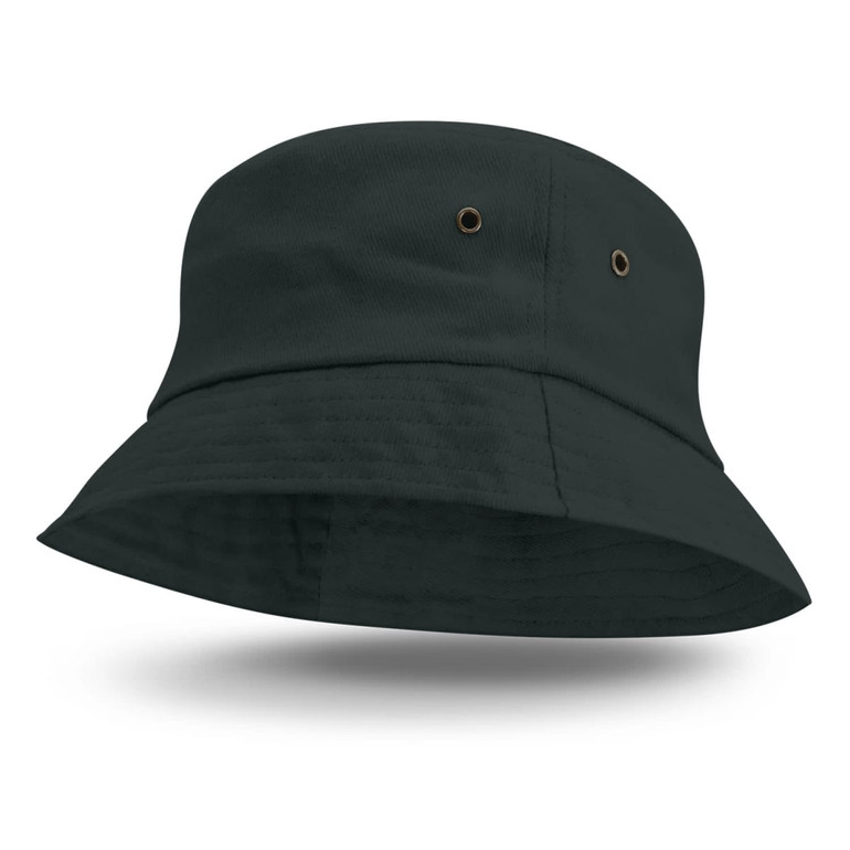 A Bondi Bucket Hat in dark green with a wide brim and ventilation grommets.