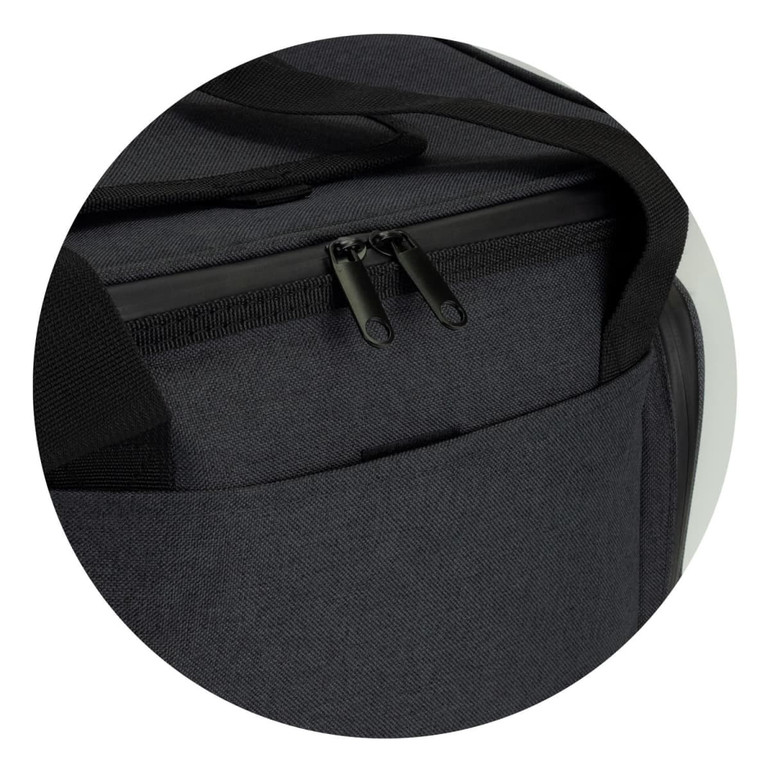A black cooler bag with a zippered opening and a front pocket, featuring a sturdy handle and branding.