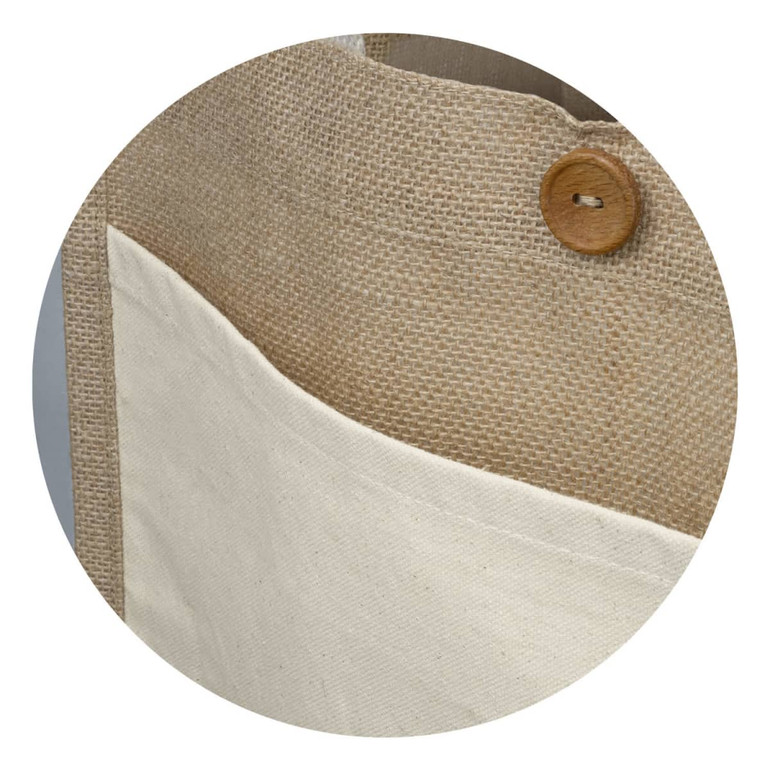 A natural jute tote bag featuring a cream-coloured pocket and wooden button detailing. It has a simple, eco-friendly design.