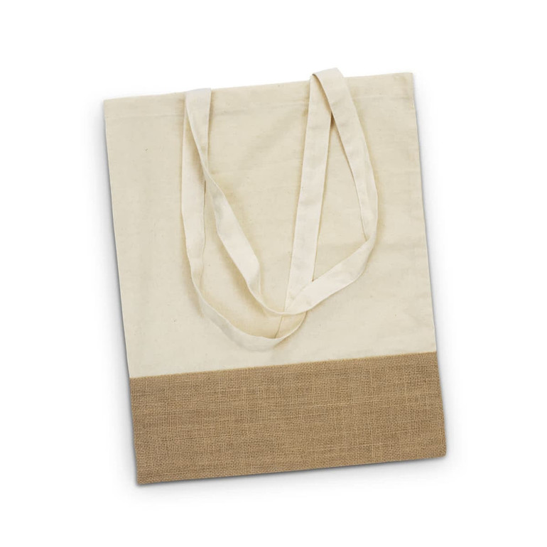 A natural-coloured tote bag with a brown jute bottom and matching fabric straps. It features a logo on one side.