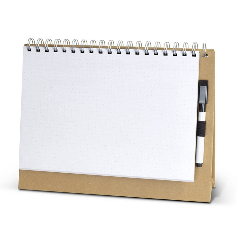 A desk whiteboard notebook with a spiral binding and a pen, featuring a white, dotted writing surface.