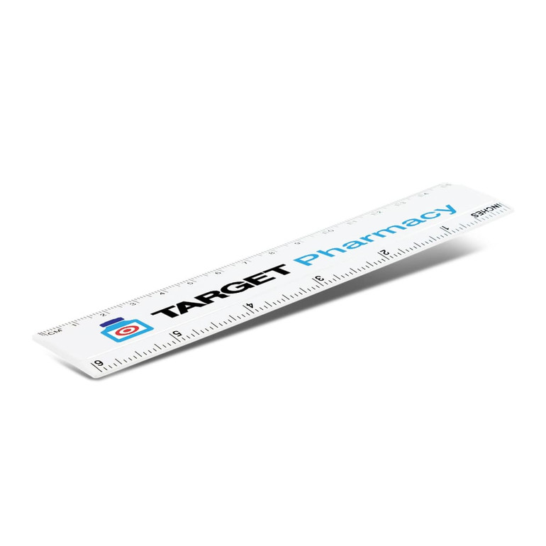 A white 15cm mini ruler featuring measurements and a logo, designed for office and business use.