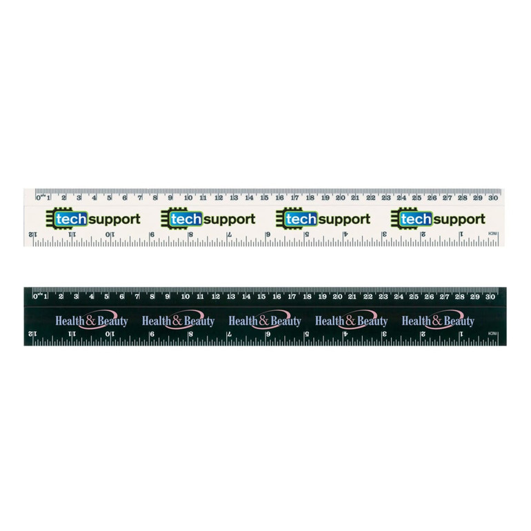 A white and black flip ruler featuring tech support and health & beauty branding in multi-coloured text.