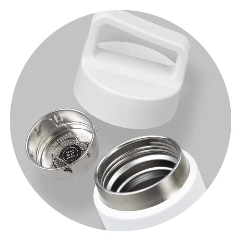 A drink bottle with a white exterior, featuring a handle and a stainless steel interior with a removable filter.