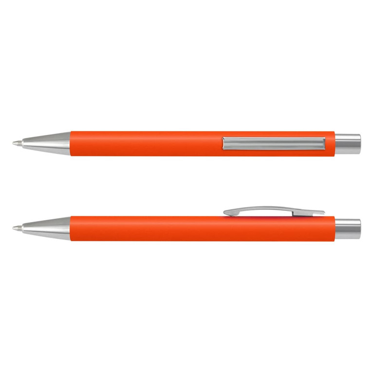 An orange soft-touch pen with silver accents, featuring a clip and a smooth barrel design.