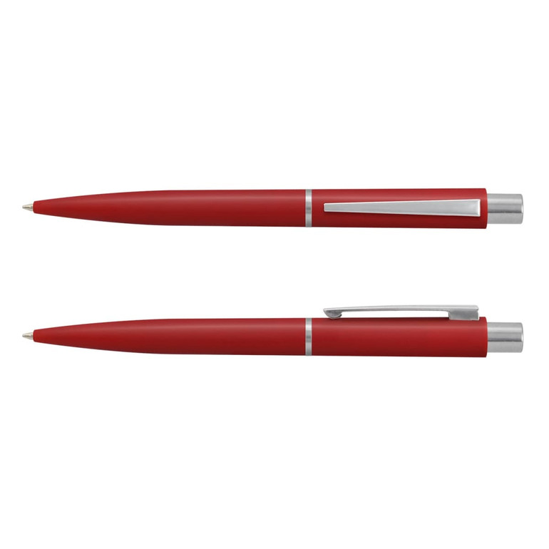 A red plastic pen with a silver clip and accents, displayed from two angles. It features a logo.
