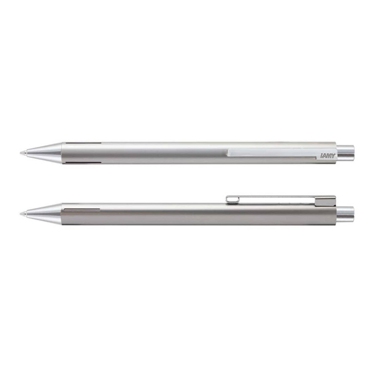 A metal pen set in silver, featuring a sleek design and a subtle logo. Two pens are displayed together.