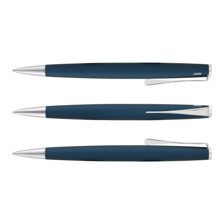 A collection of three Lamy Studio Pens displayed in a sleek design with a dark blue finish and chrome accents.