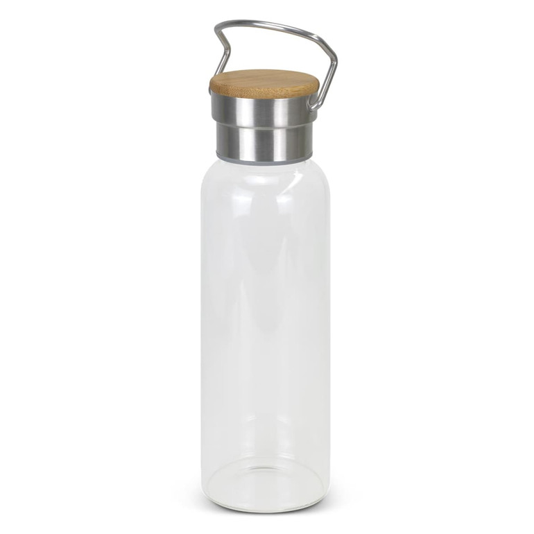 A drink bottle made of clear glass with a metal cap and a light wooden lid. It features a handle.