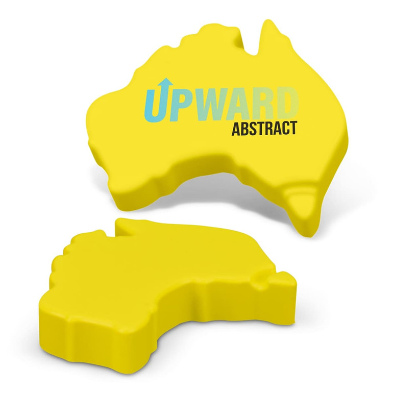 A yellow stress toy shaped like Australia, featuring an abstract design and a logo.