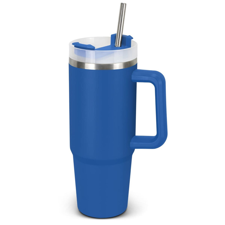 A drink bottle in blue with a stainless steel lid, a handle, and a straw, featuring a logo.