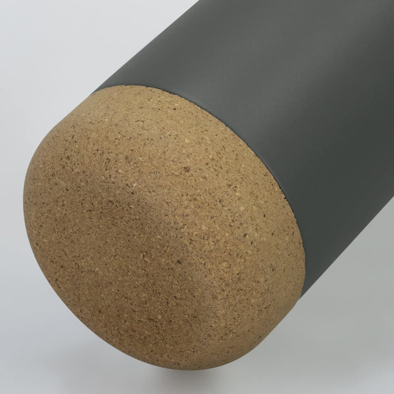 A drink bottle featuring a dark green body and a natural cork bottom, with a logo on its surface.