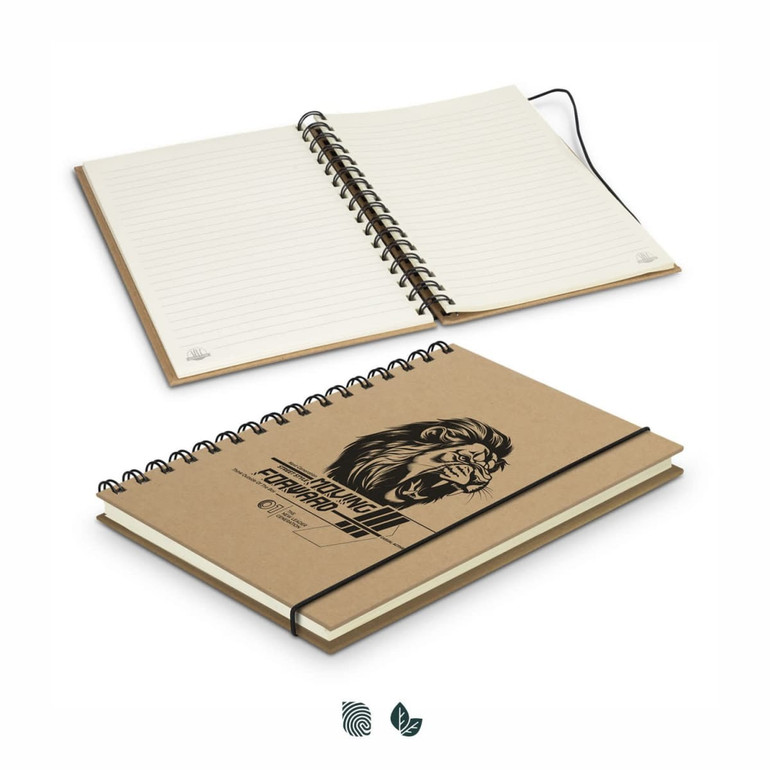 A spiral notebook with a brown cover featuring a lion design, blank pages inside, and an elastic band.
