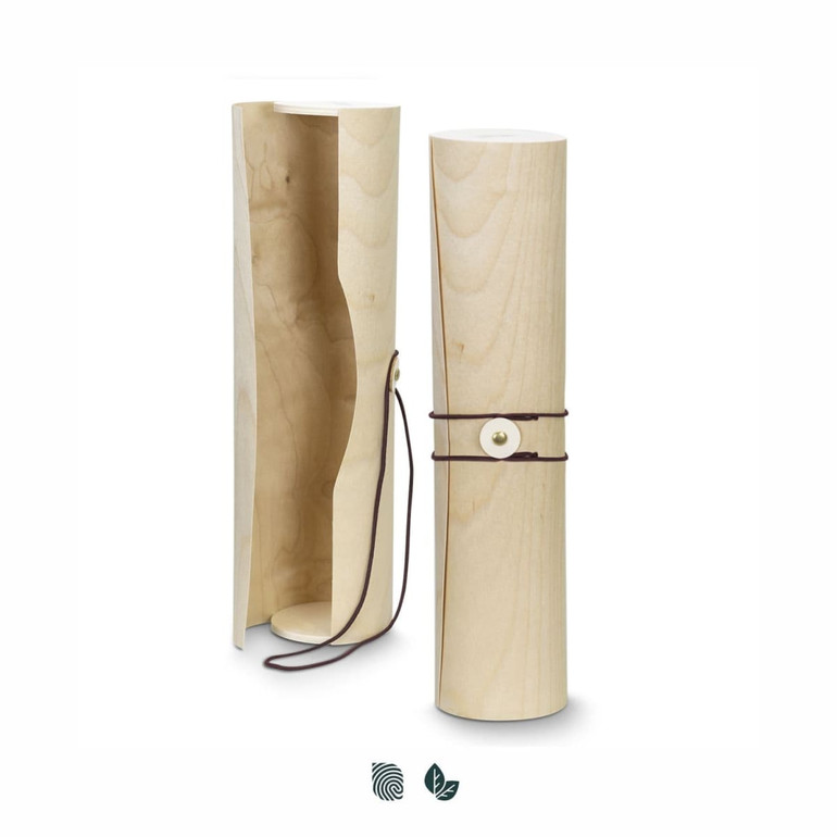 A wooden wine tube in natural light wood, featuring a leather tie and an internal compartment. It also has a logo.