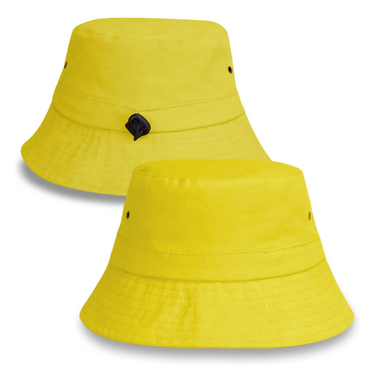 A bright yellow bucket hat with a logo, featuring a wide brim and smooth fabric.