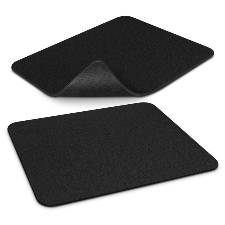 A black leatherette mouse mat with a textured surface, showcasing both the front and underside.