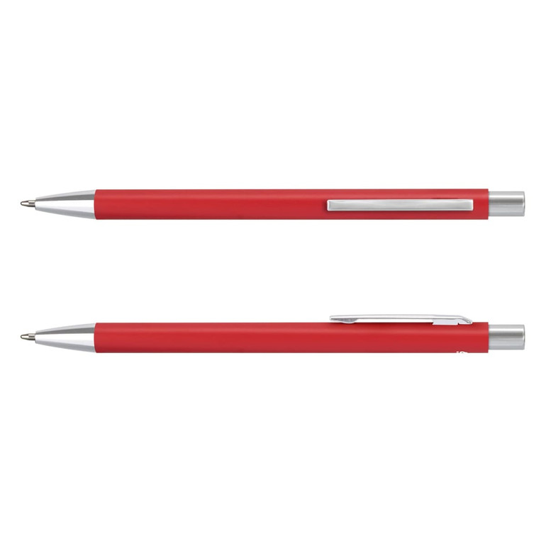 A metal pen in vibrant red with silver accents and a branding logo. Two pens displayed, one on top of the other.